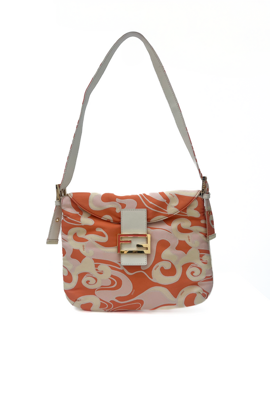 Vintage Orange Satin Swirl Print Baguette Bag