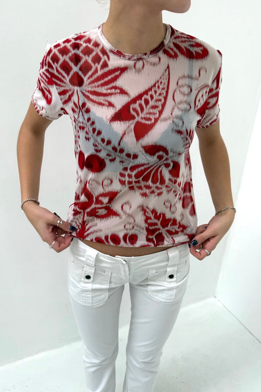 Vintage Red & White Floral Mesh Tee