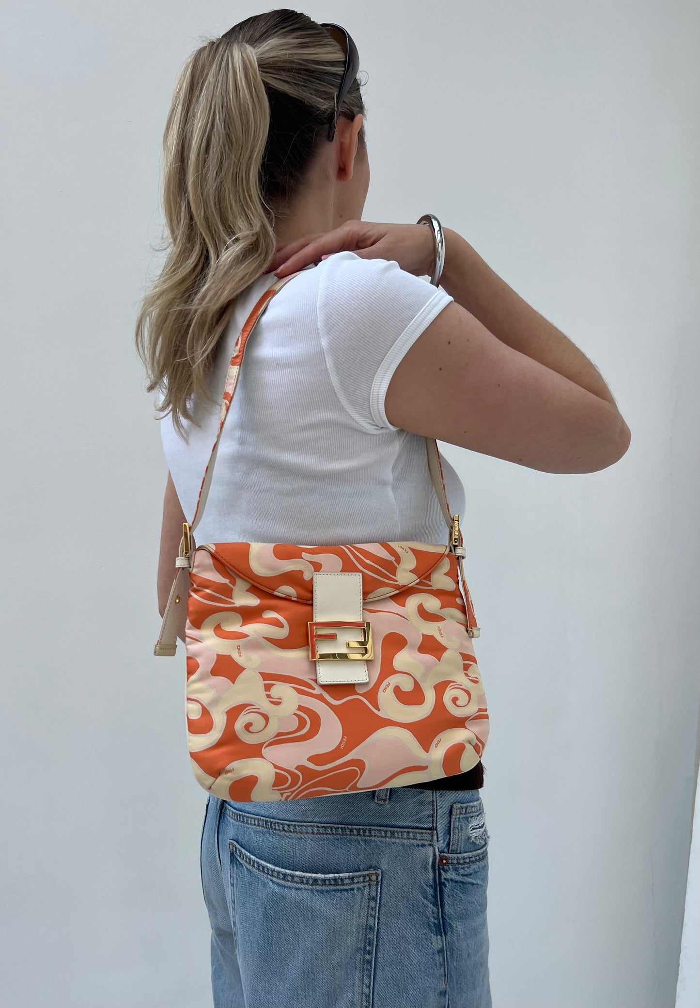 Vintage Orange Satin Swirl Print Baguette Bag