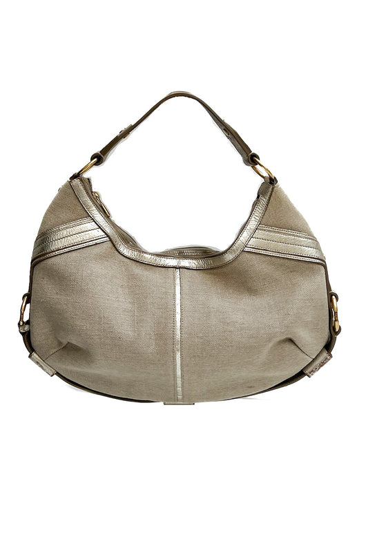 Vintage Cream Canvas & Golden Leather Hobo Shoulder Bag -