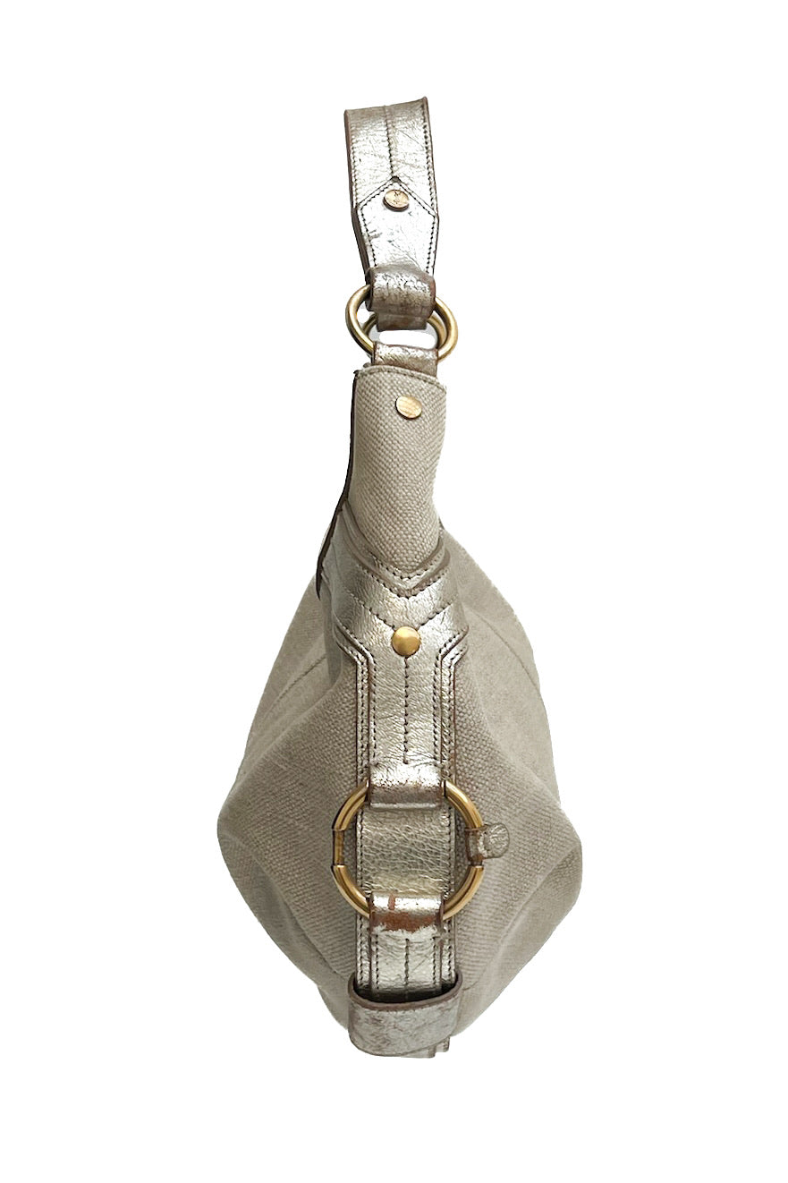 Vintage Cream Canvas & Golden Leather Hobo Shoulder Bag -