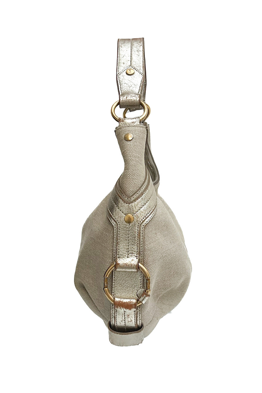 Vintage Cream Canvas & Golden Leather Hobo Shoulder Bag -