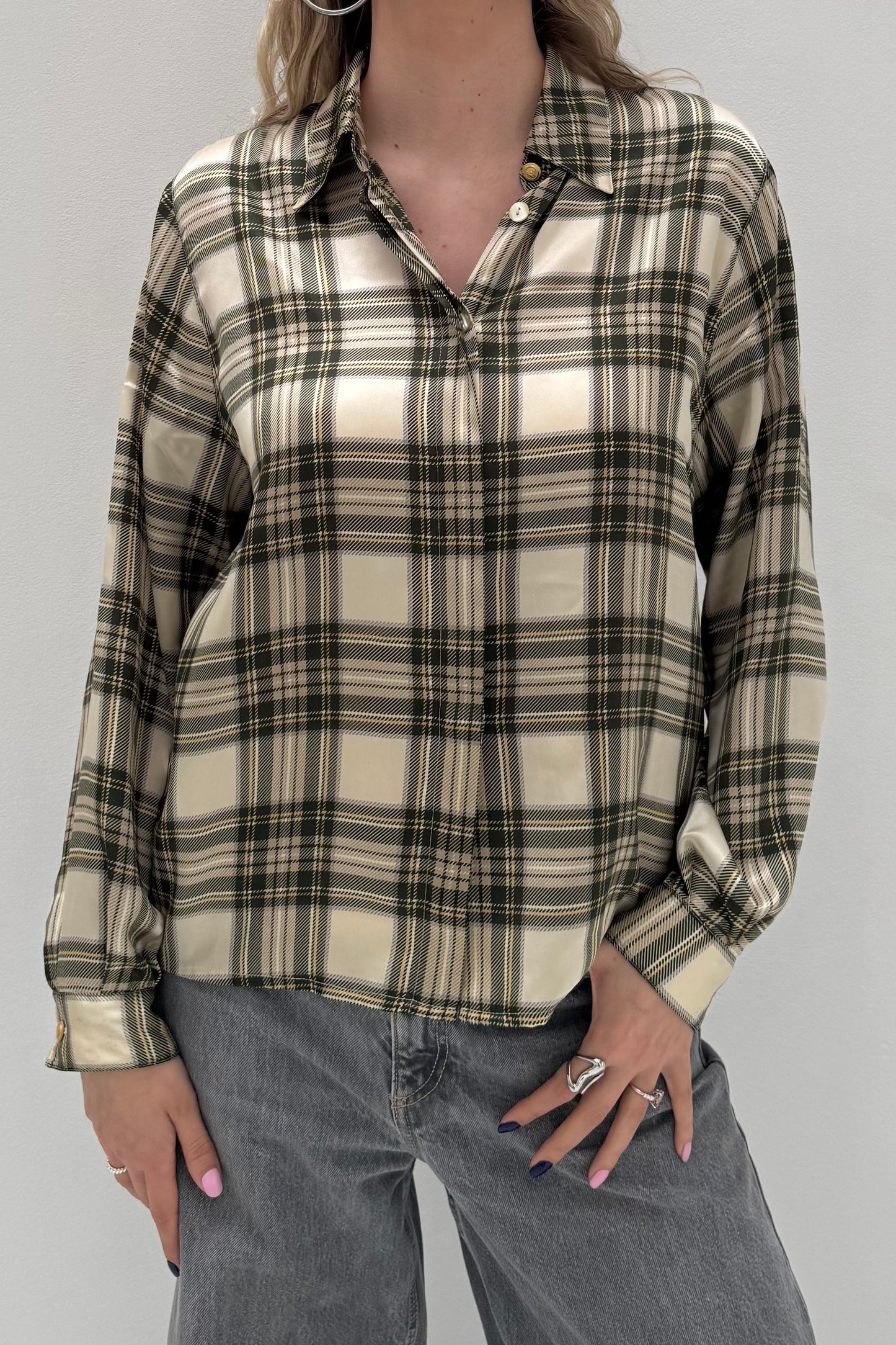 Vintage Green Checked Satin Blouse