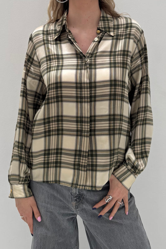 Vintage Green Checked Satin Blouse