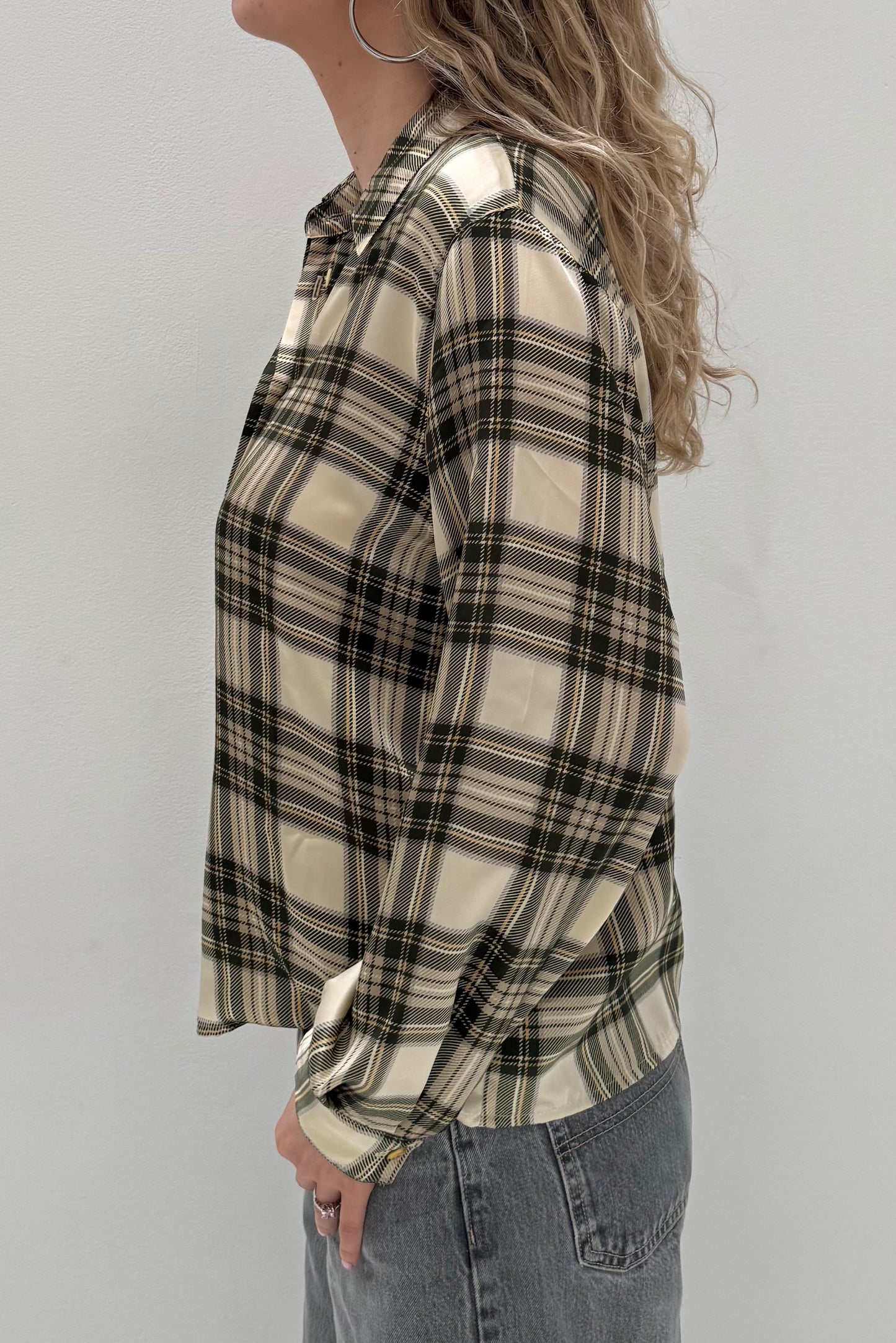 Vintage Green Checked Satin Blouse