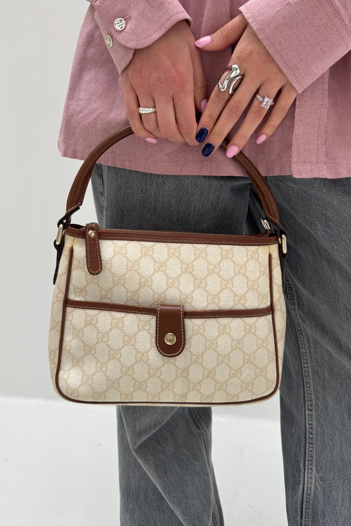 Vintage Cream Coated Monogram & Tan Leather Handbag