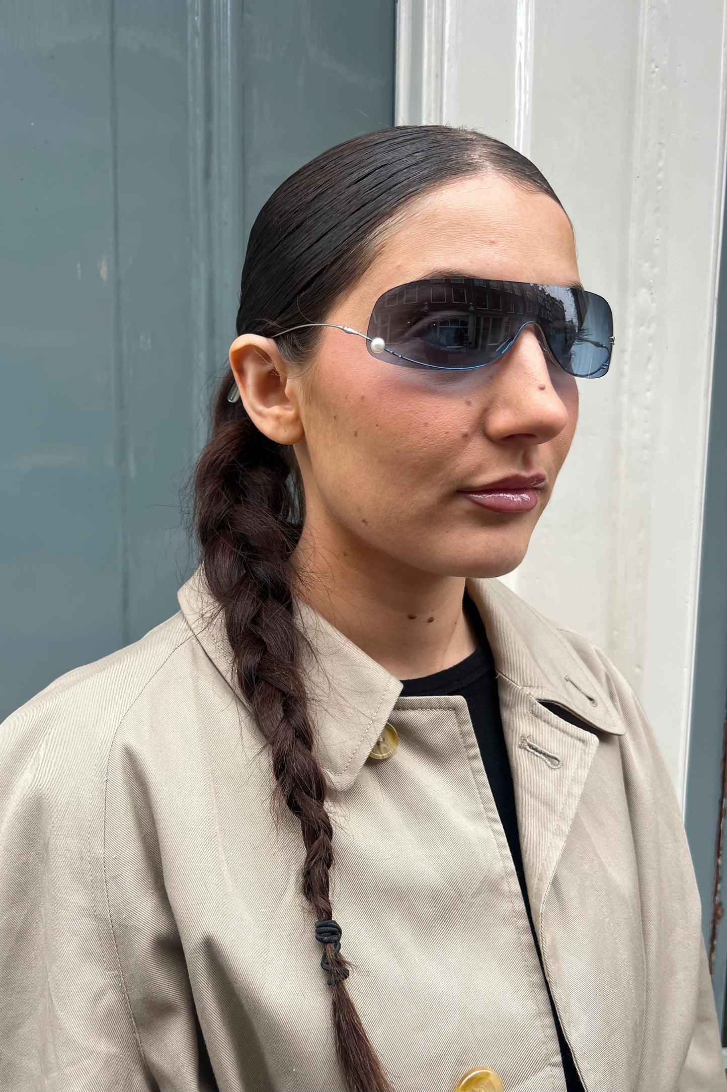 Vintage Blue Pearl Detail Mask Sunglasses