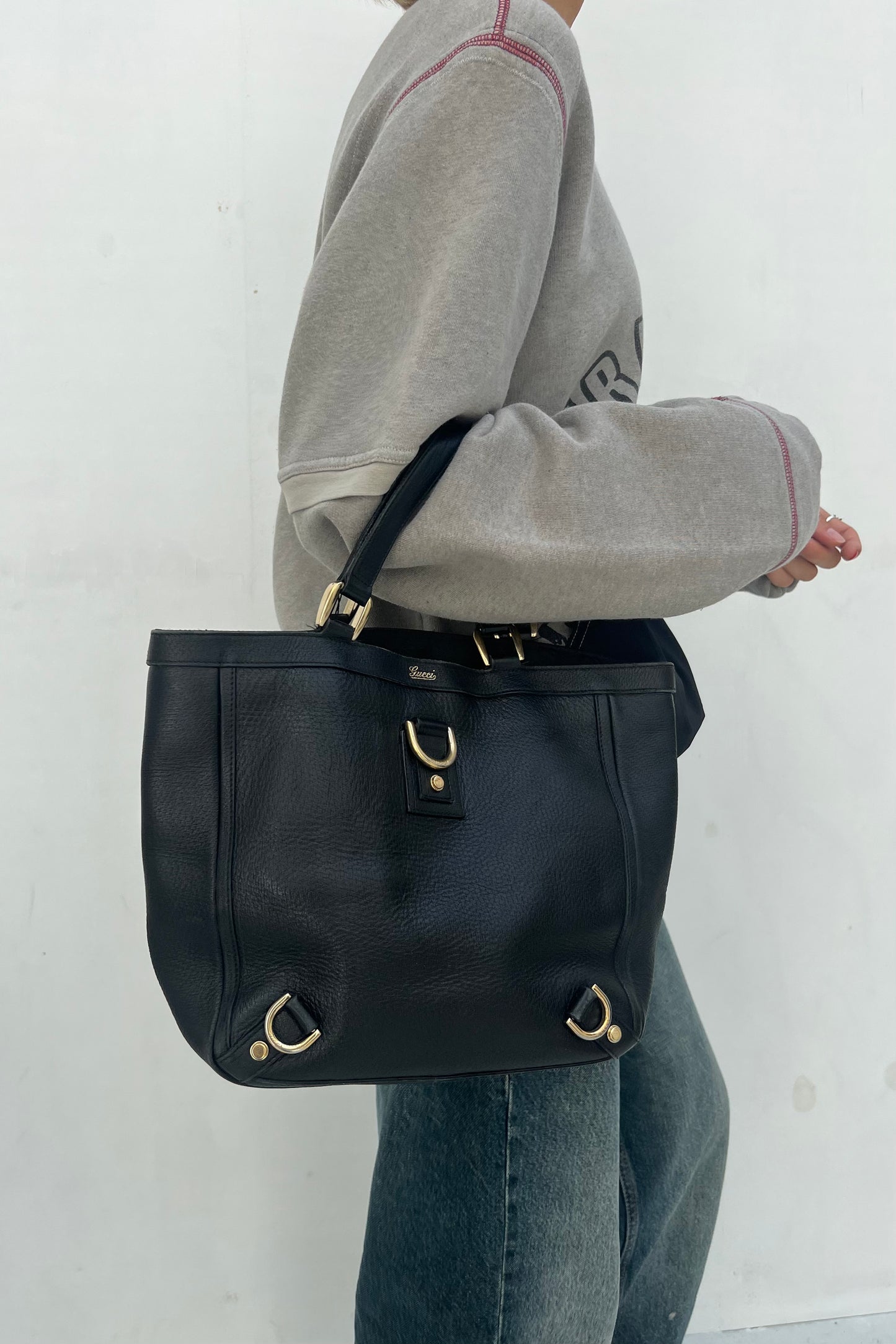 Vintage All Black Leather D-ring Bag