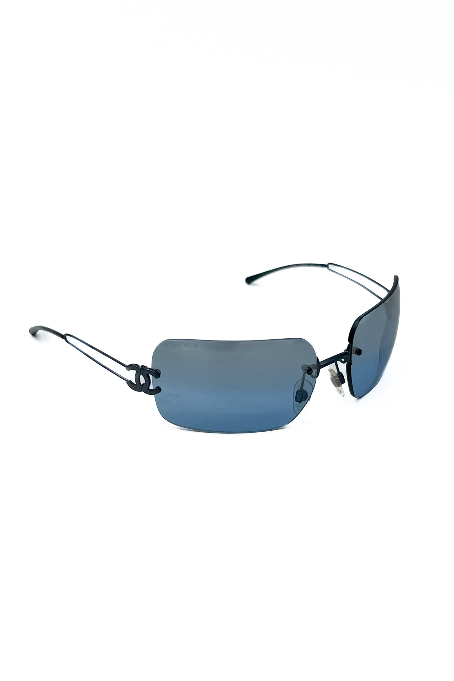 Vintage All Blue Rimless Metallic Frame Sunglasses