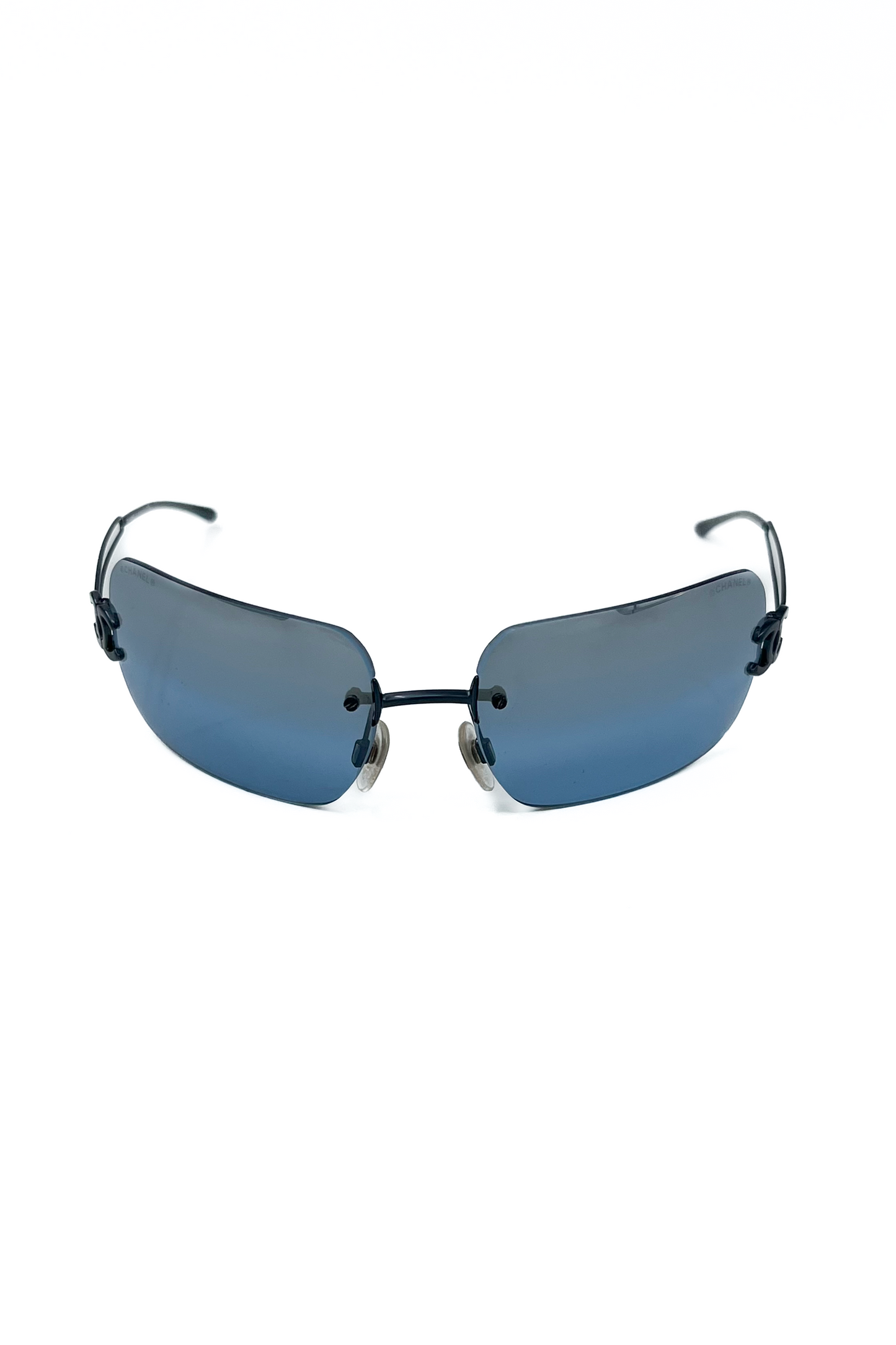 Vintage All Blue Rimless Metallic Frame Sunglasses
