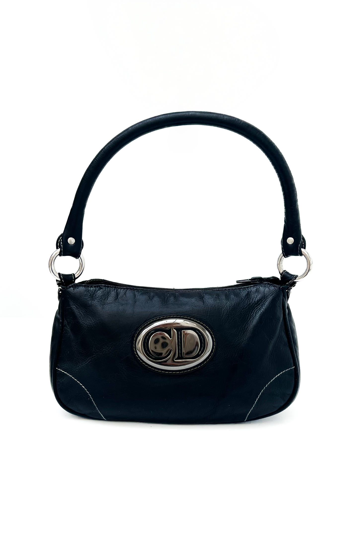 Vintage Black Leather & Silver CD Logo Shoulder Bag