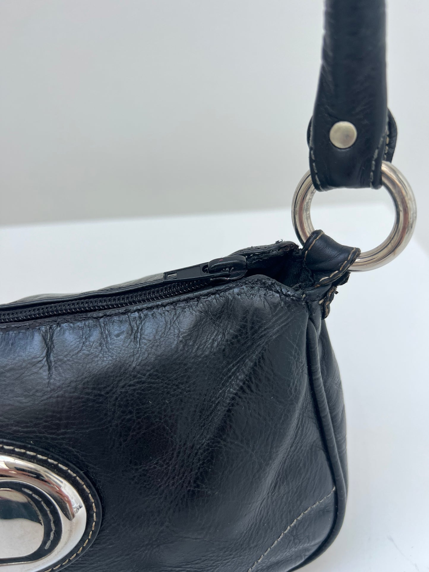 Vintage Black Leather & Silver CD Logo Shoulder Bag