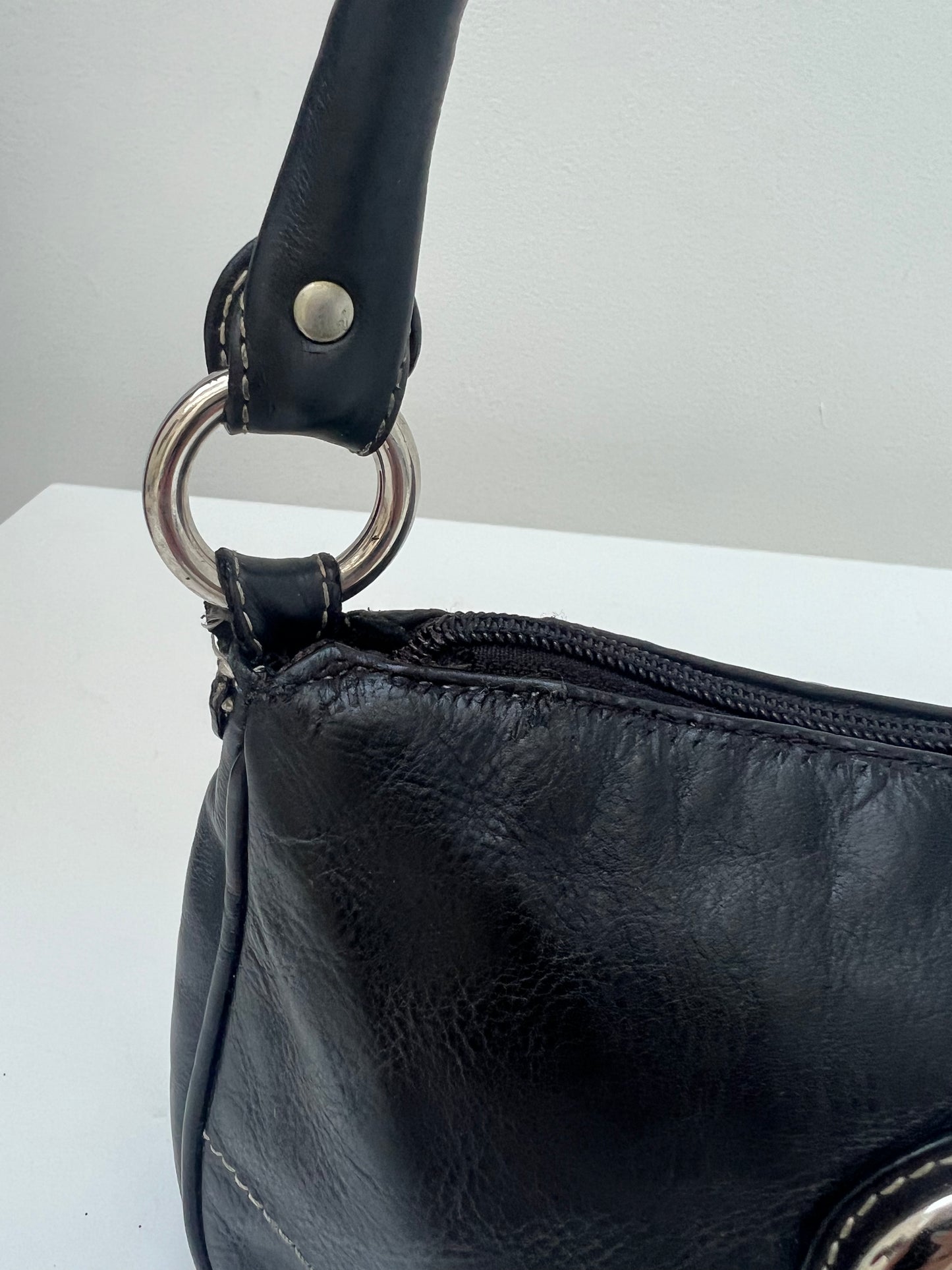 Vintage Black Leather & Silver CD Logo Shoulder Bag