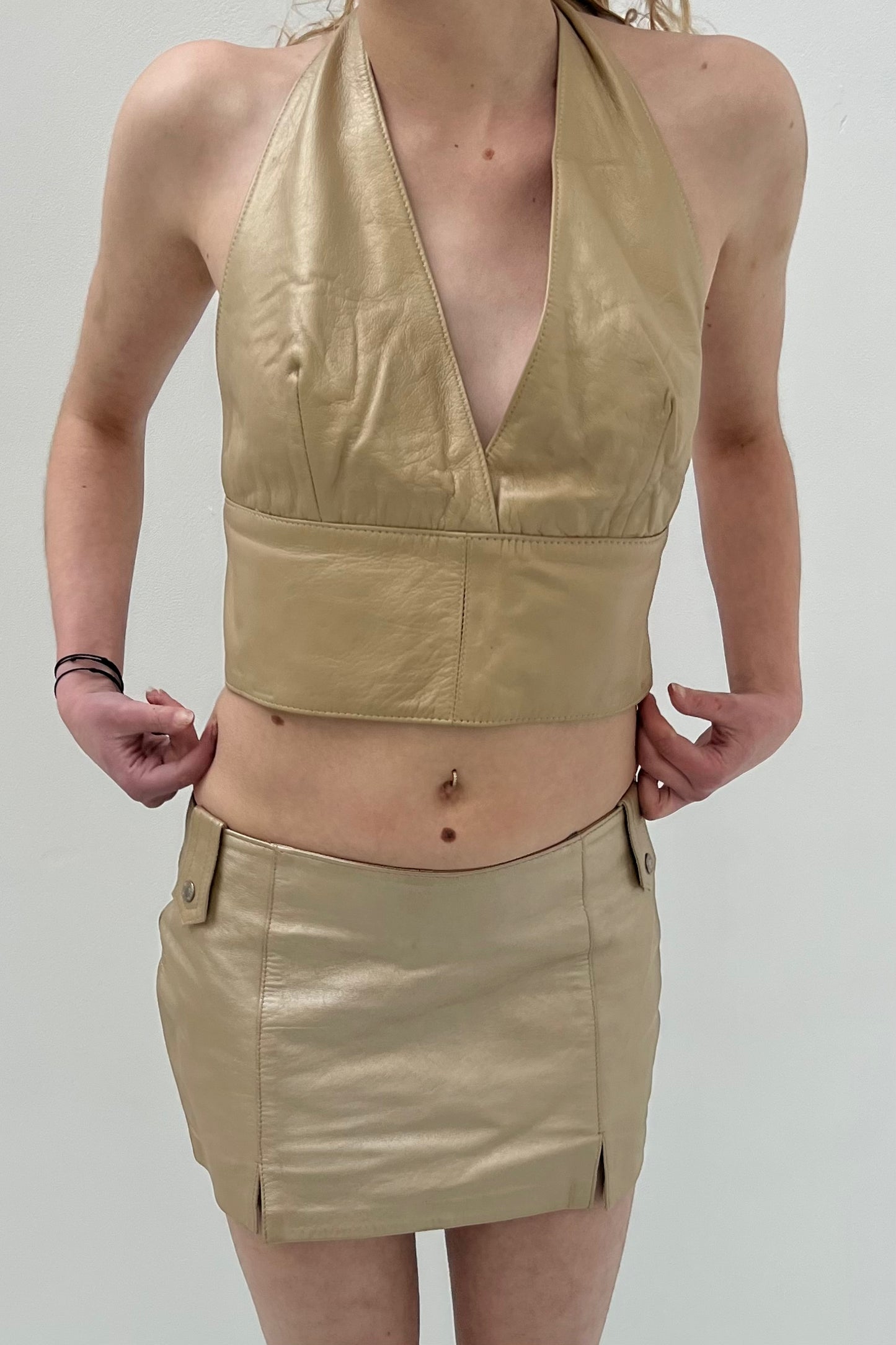 Vintage Leather Nude Mini Skirt & Halter Top Set