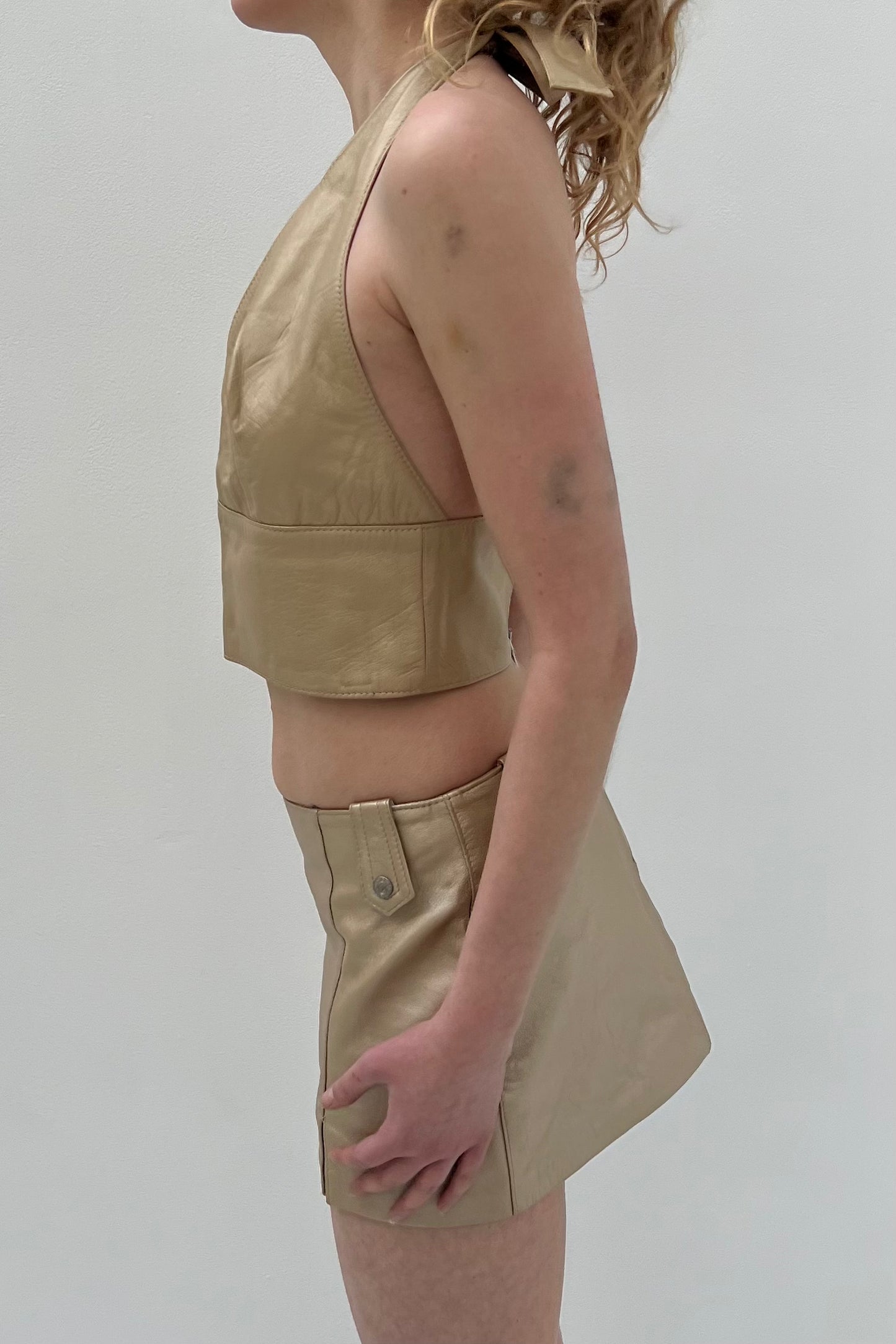 Vintage Leather Nude Mini Skirt & Halter Top Set