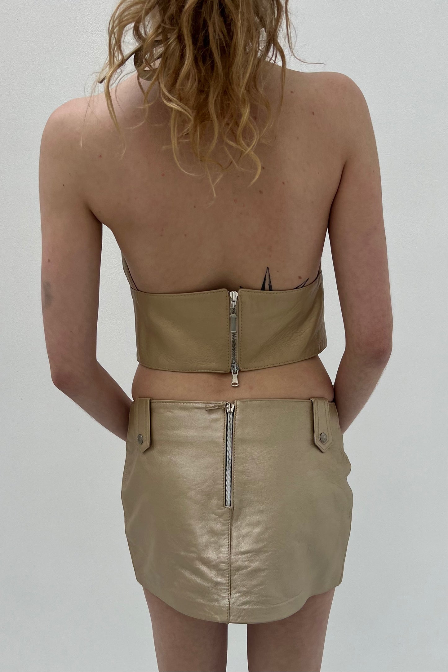 Vintage Leather Nude Mini Skirt & Halter Top Set