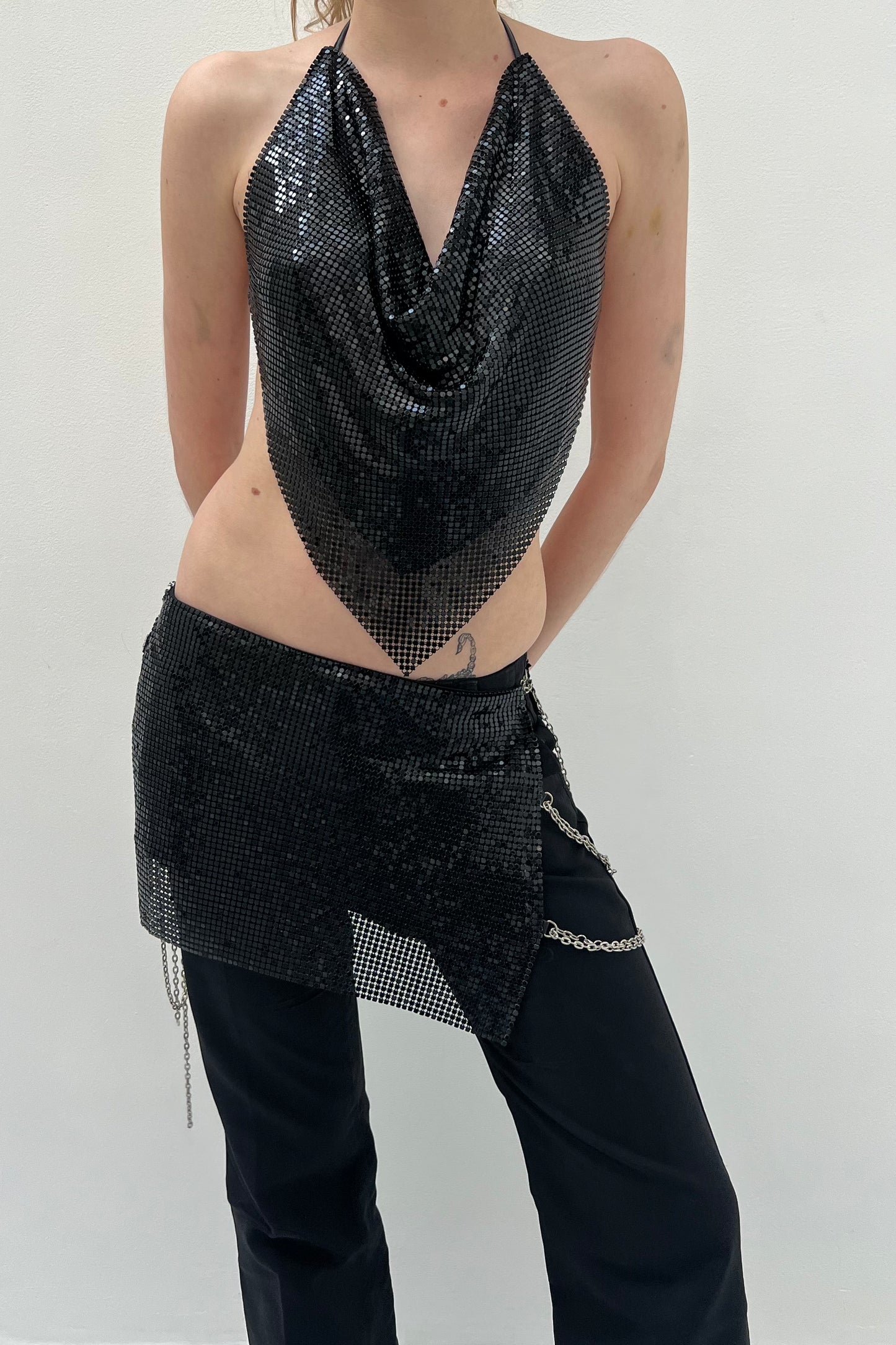 Vintage Black Chainmail Mini Skirt & Halter Top Set