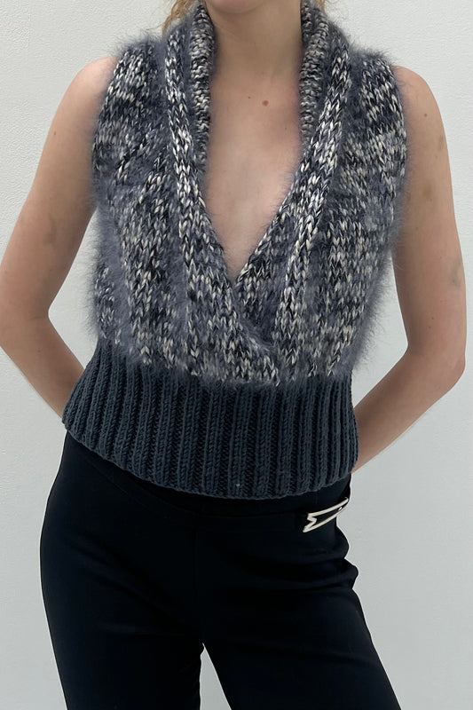 Vintage Knitted Blue & Grey Melange Halter Top