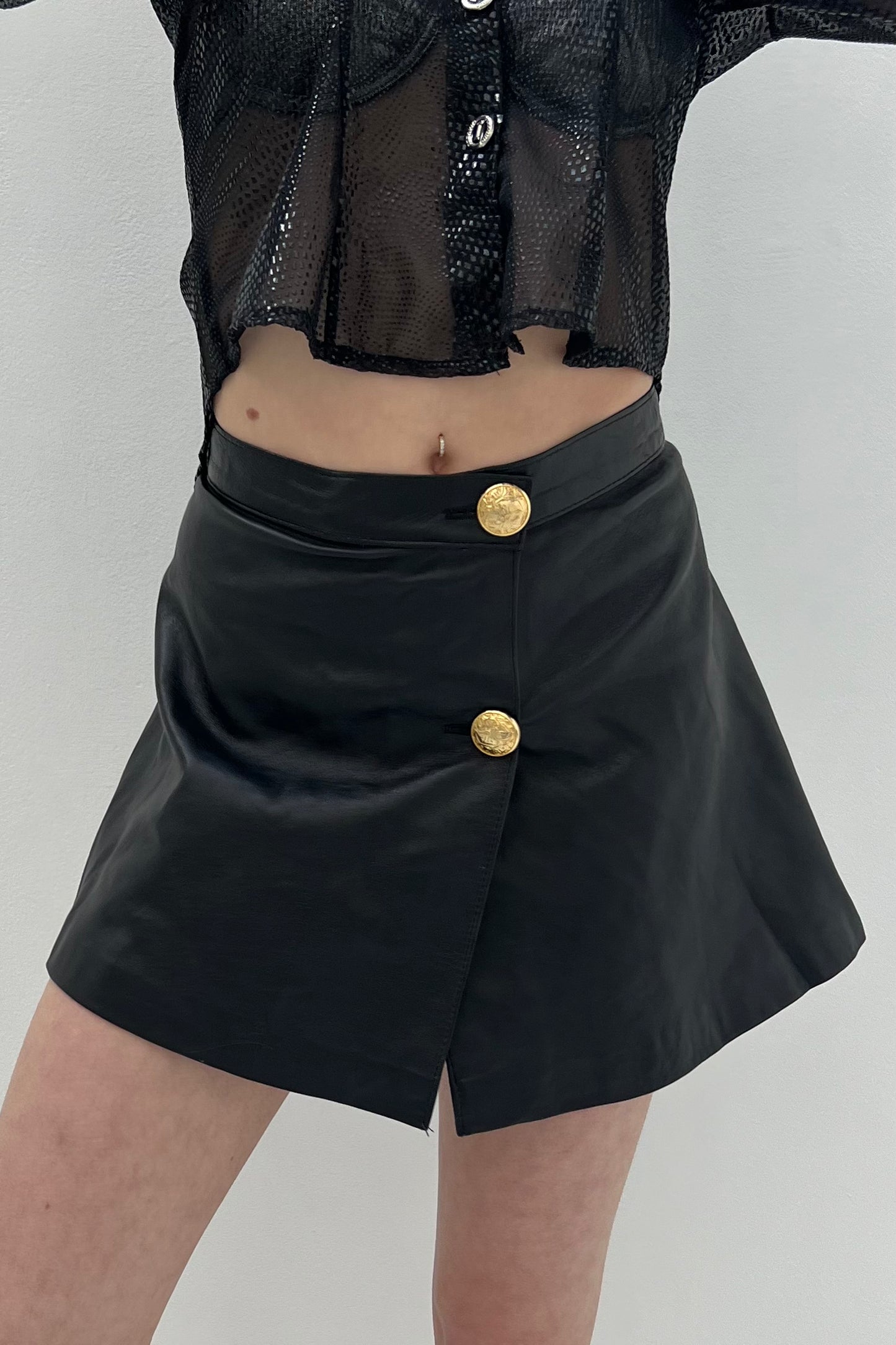 Vintage Black Leather Golden Button Skirt