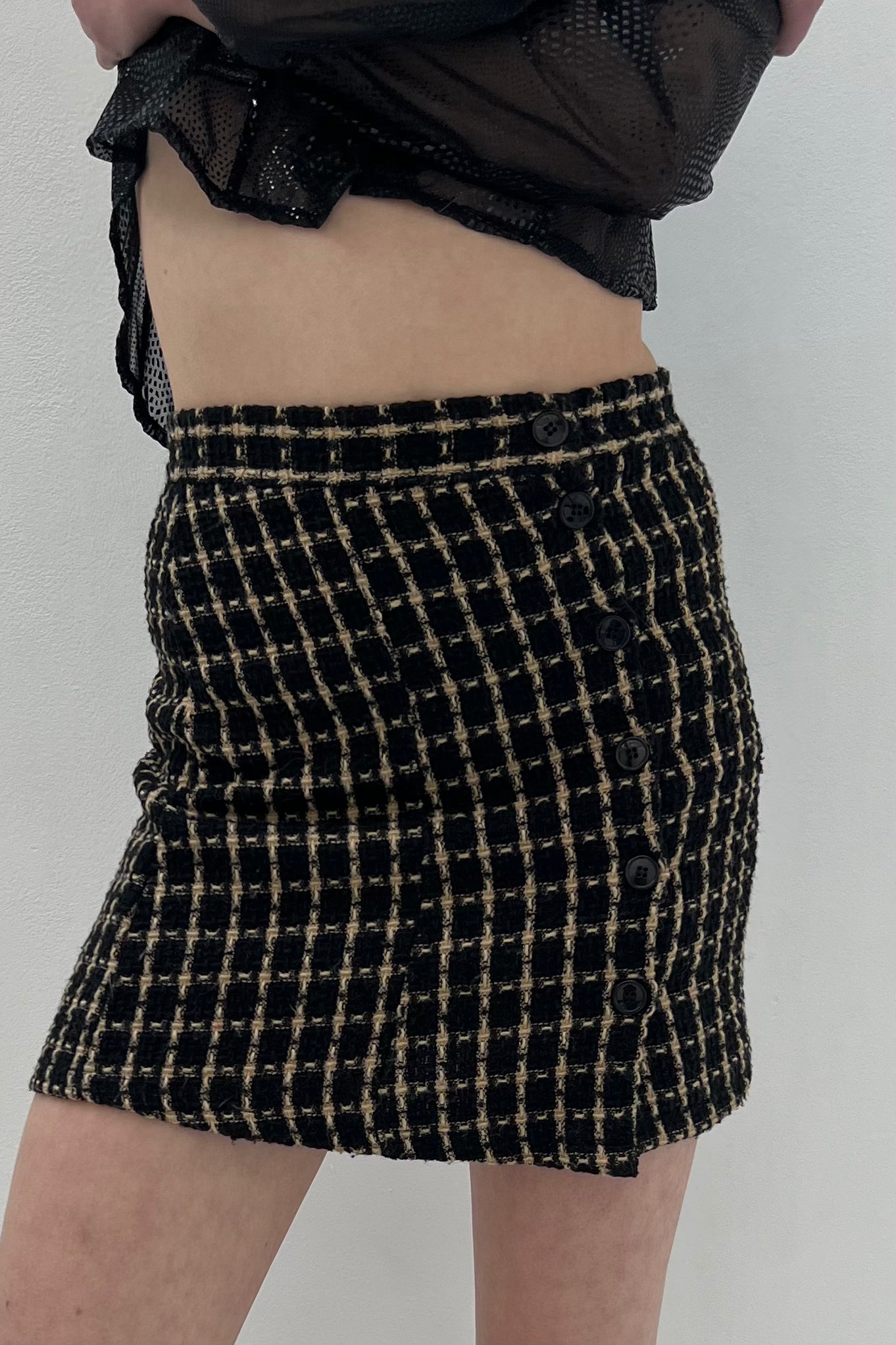Vintage Tweed Black and Cream Buttoned Mini Skirt