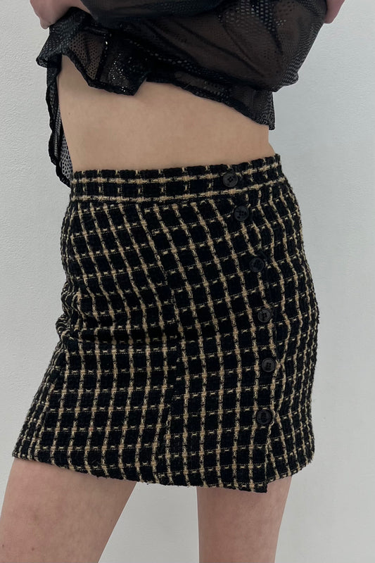 Vintage Tweed Black and Cream Buttoned Mini Skirt