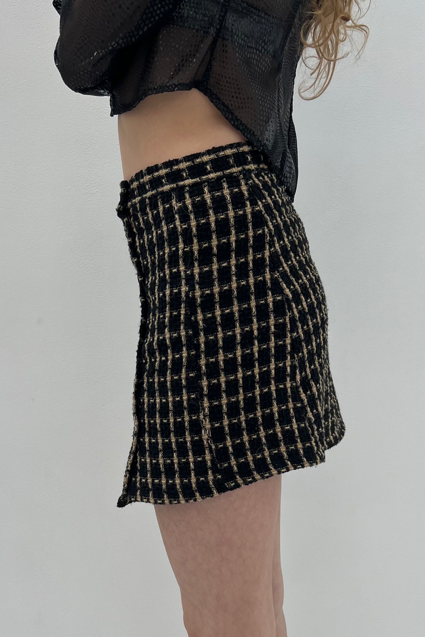 Vintage Tweed Black and Cream Buttoned Mini Skirt
