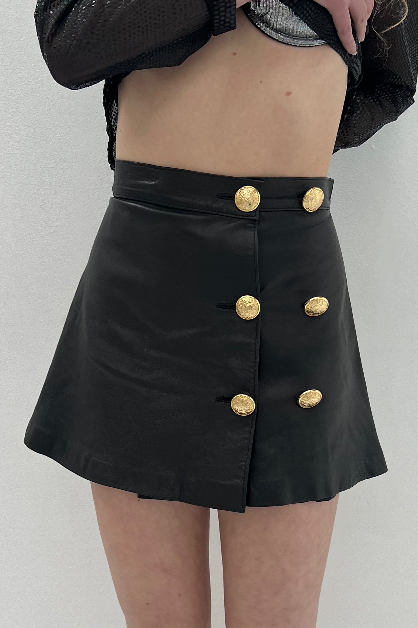 Vintage Black Leather Golden Button Skirt