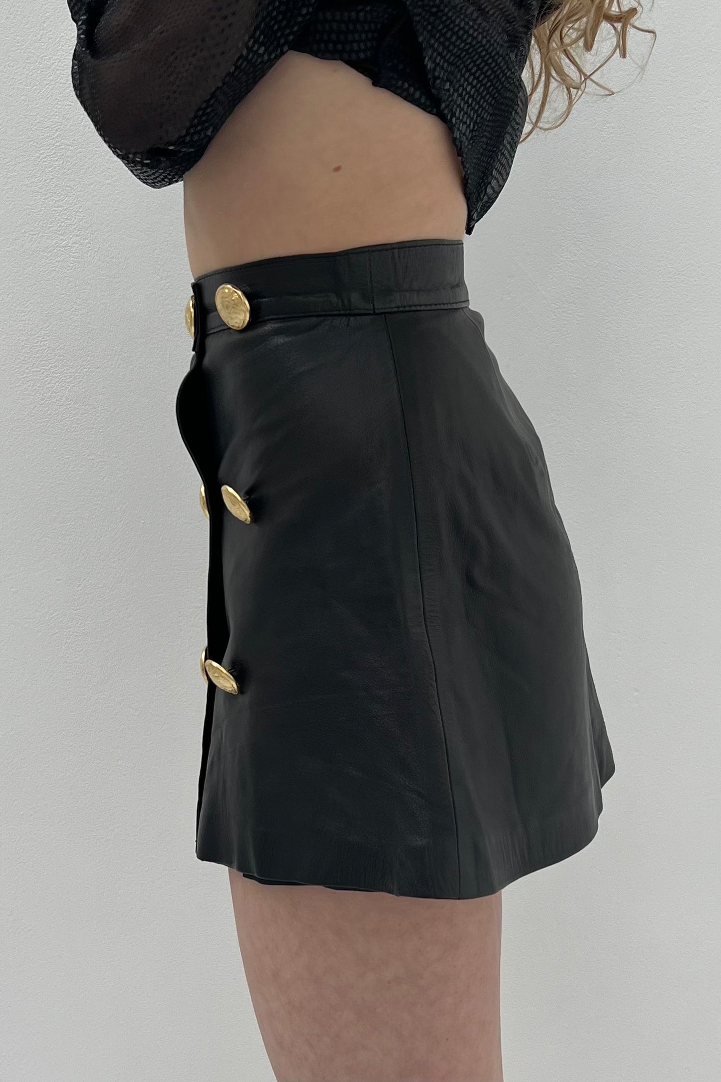 Vintage Black Leather Golden Button Skirt