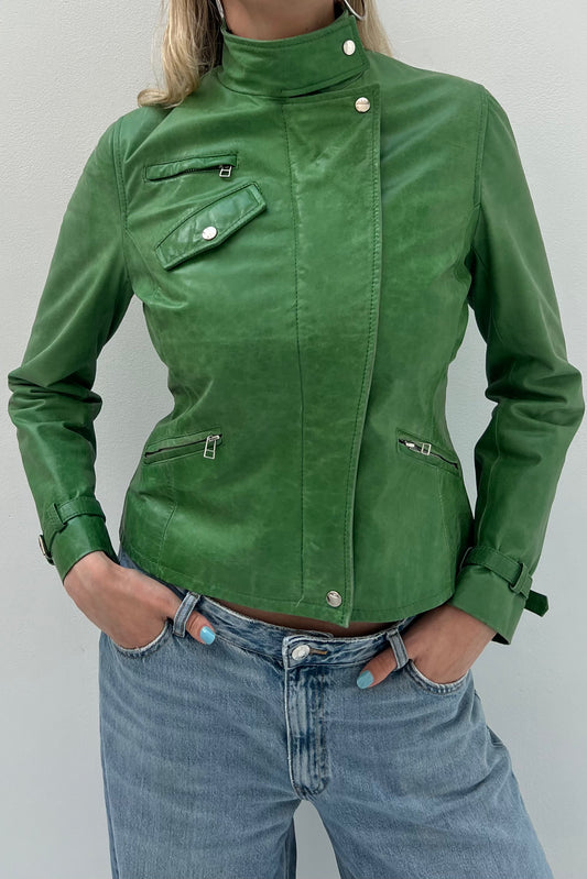 Vintage Apple Green Leather Thin Jacket
