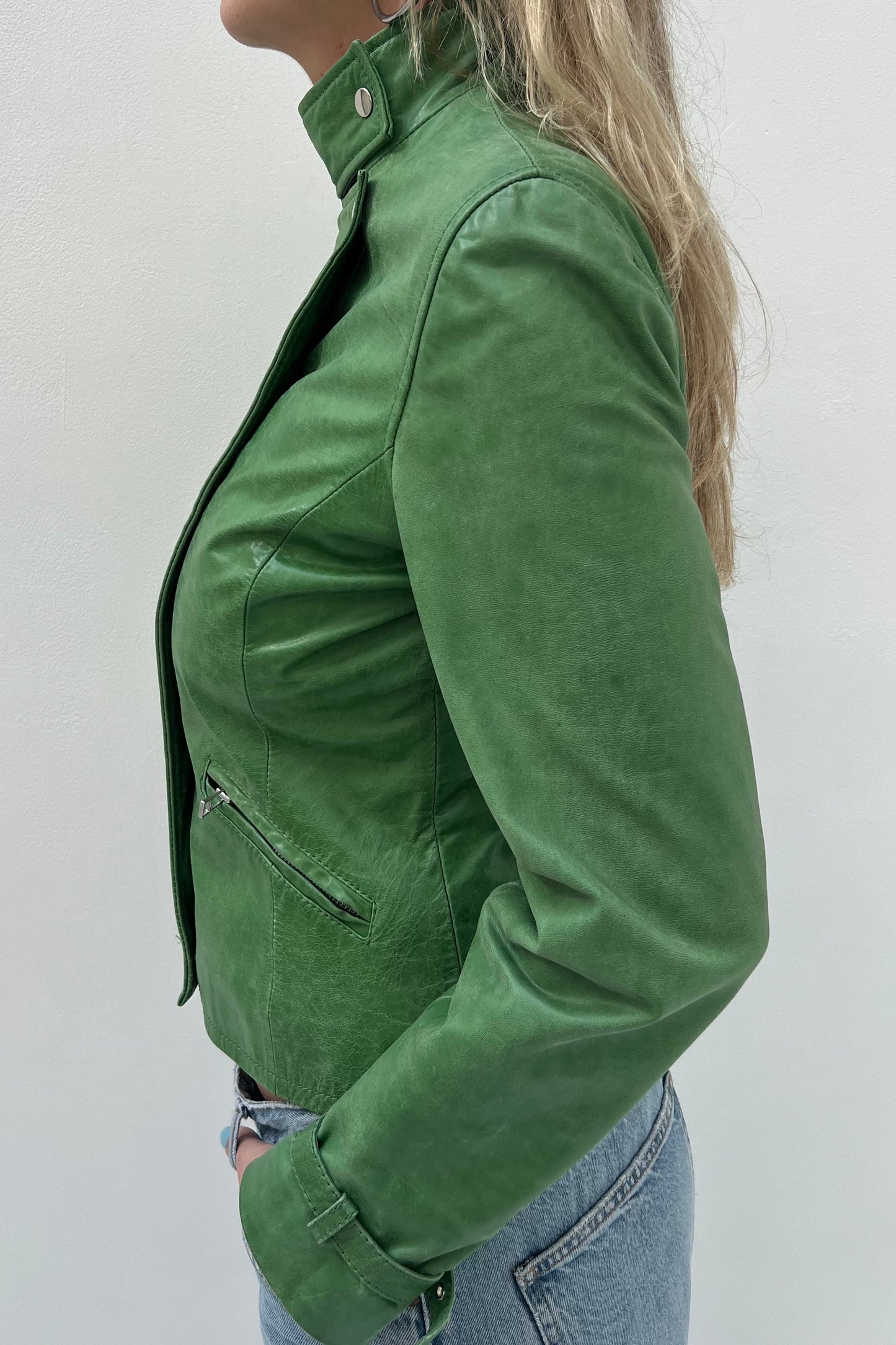 Vintage Apple Green Leather Thin Jacket