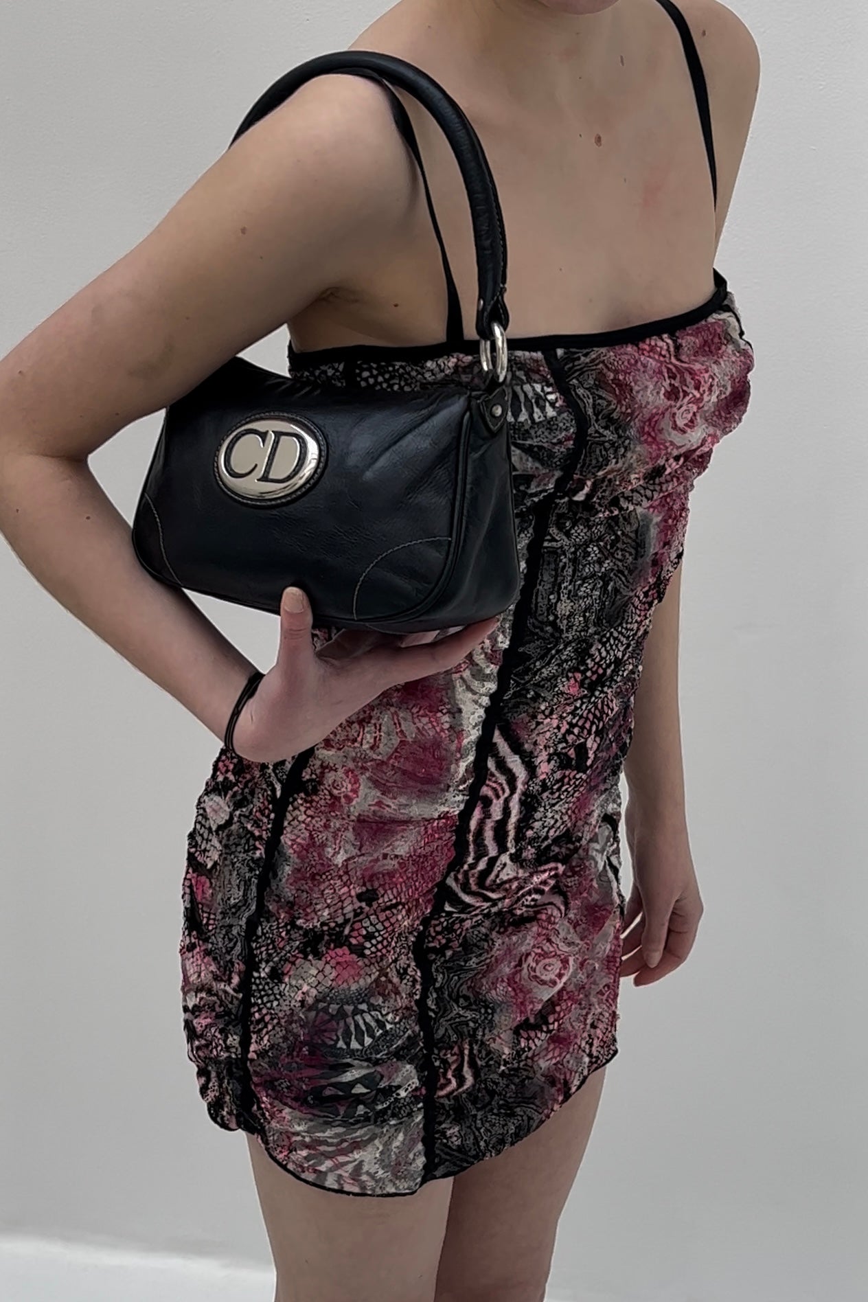 Vintage Black Leather & Silver CD Logo Shoulder Bag