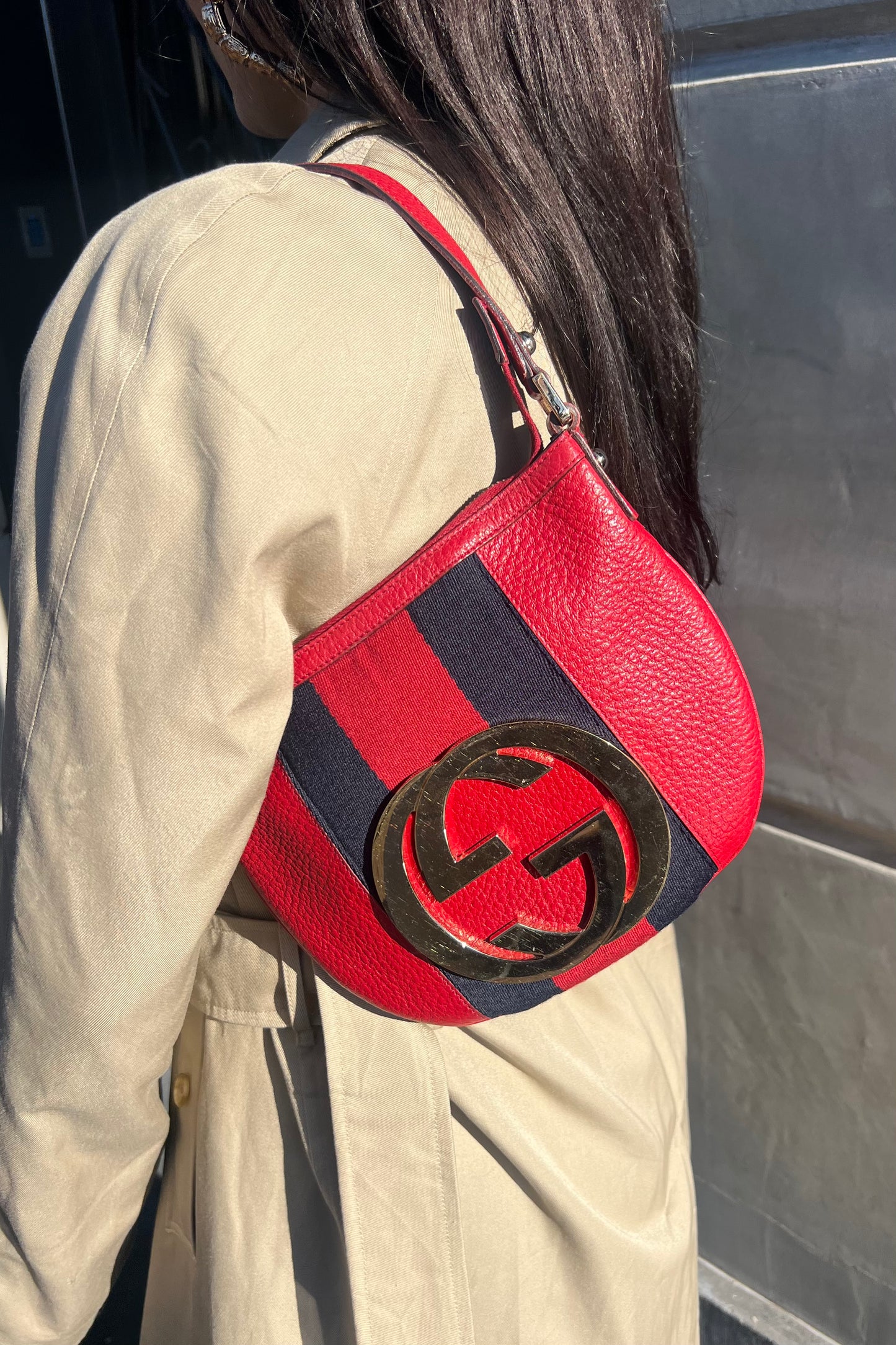 Vintage Red Leather Huge Golden Interlocking-Logo Bag