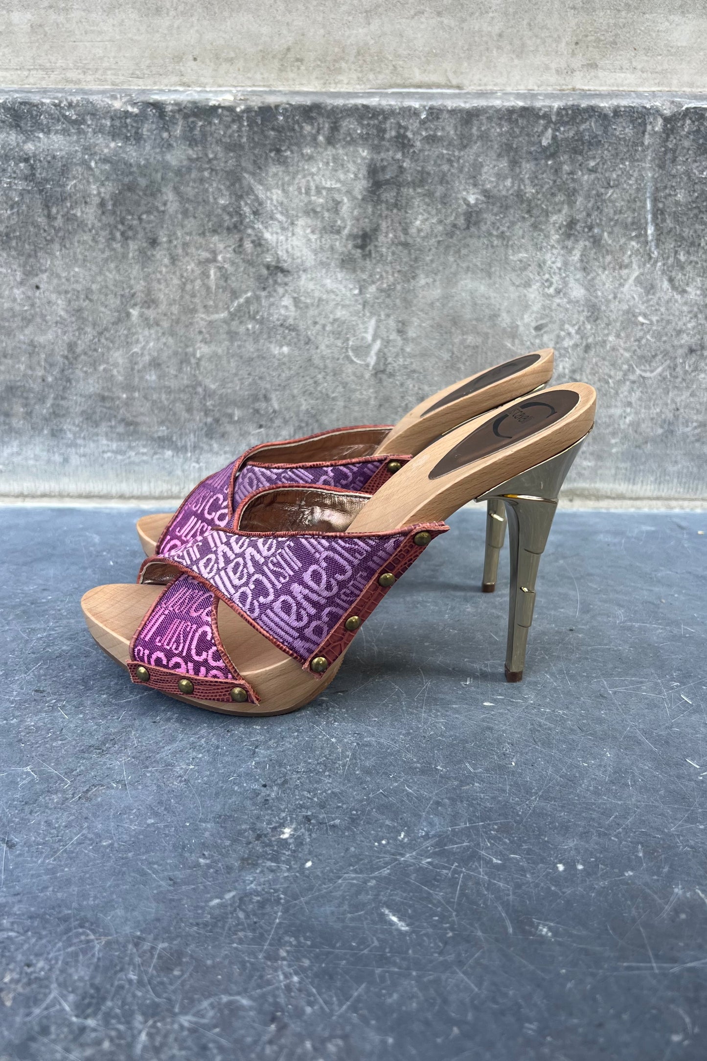 Vintage Purple Spell-Out Wooden Heels 36