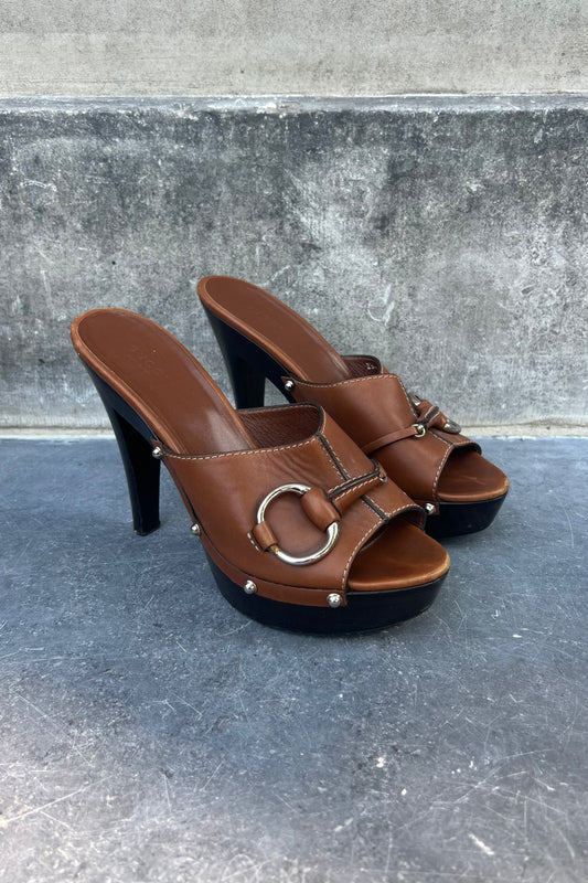 Vintage Tan Horsebit Clog Heel 39