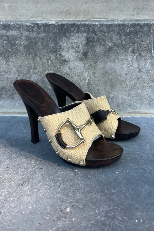 Vintage Beige Woven Horsebit Clog Heels 38.5