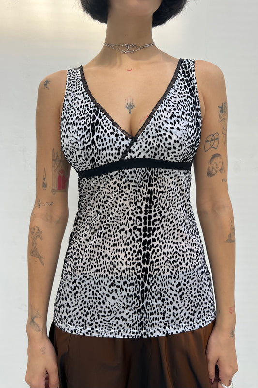 Vintage Black & White Flock Printed Mesh Top