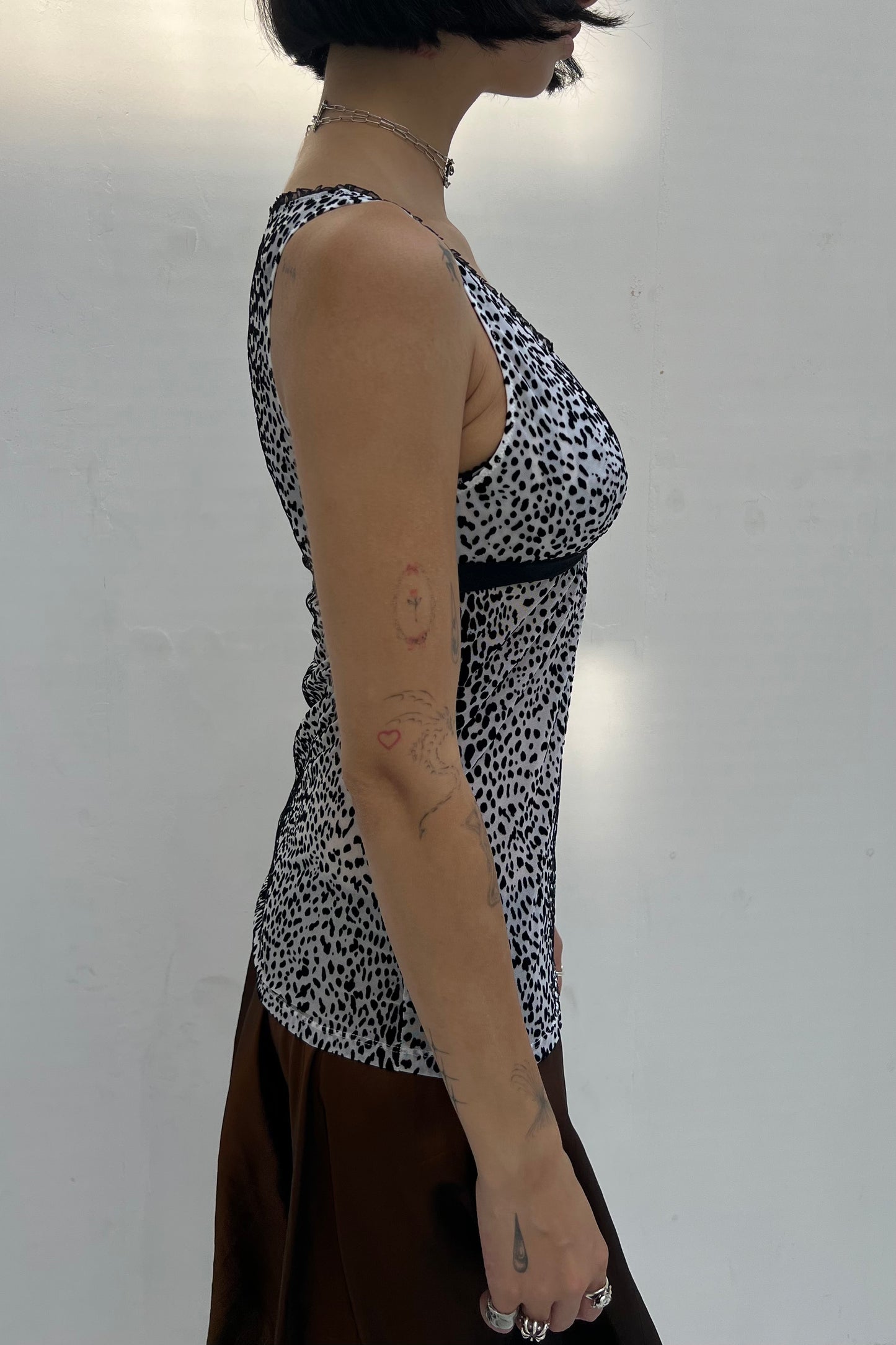 Vintage Black & White Flock Printed Mesh Top