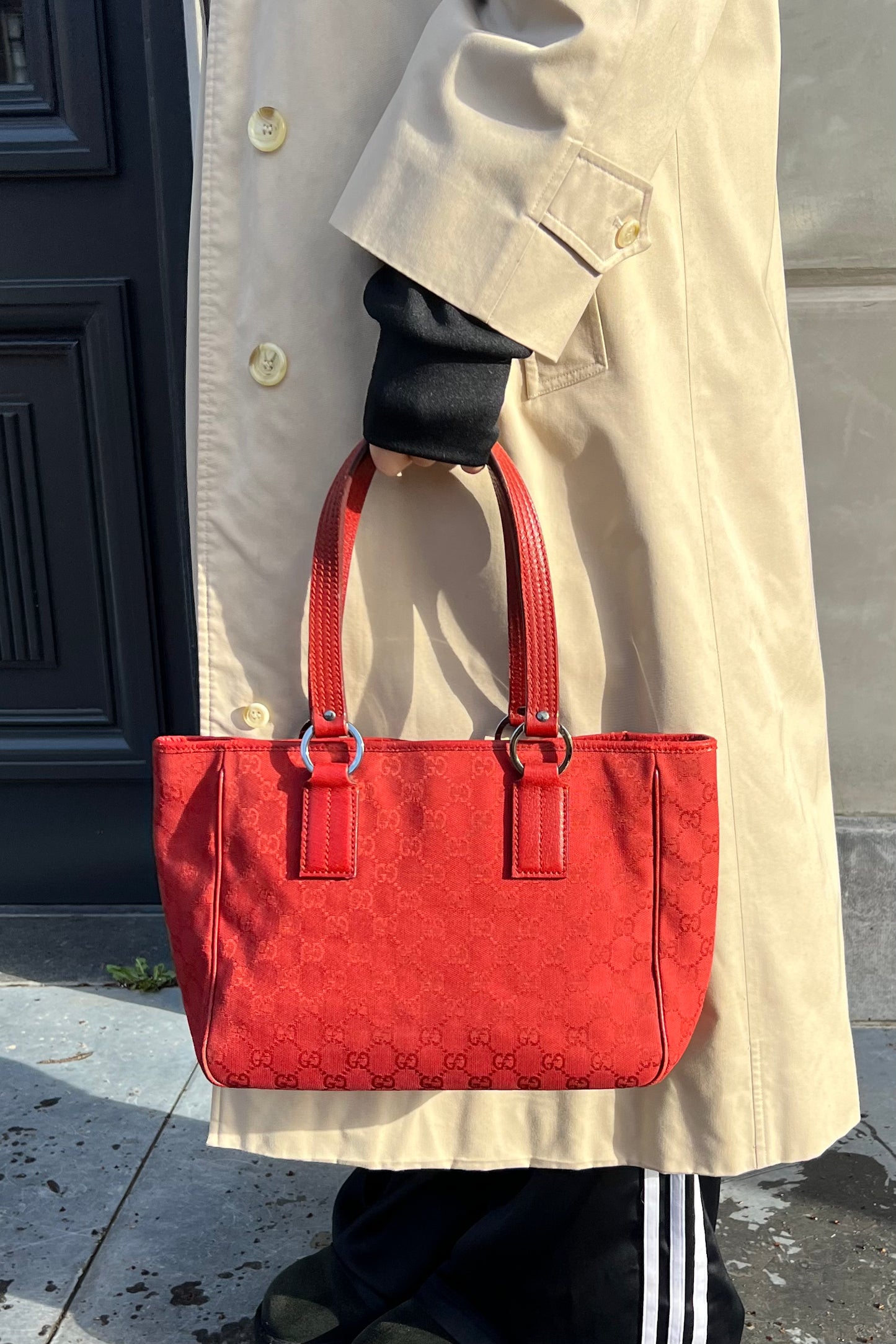 Vintage Classic Red Monogram Double Handle Tote Bag