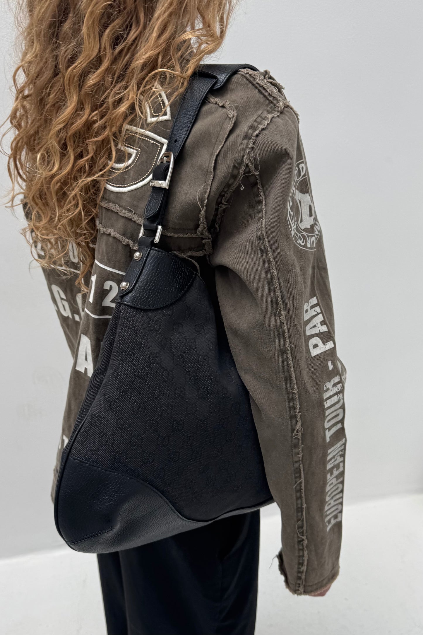 Vintage Black Denim Monogram & Leather Shoulder Bag