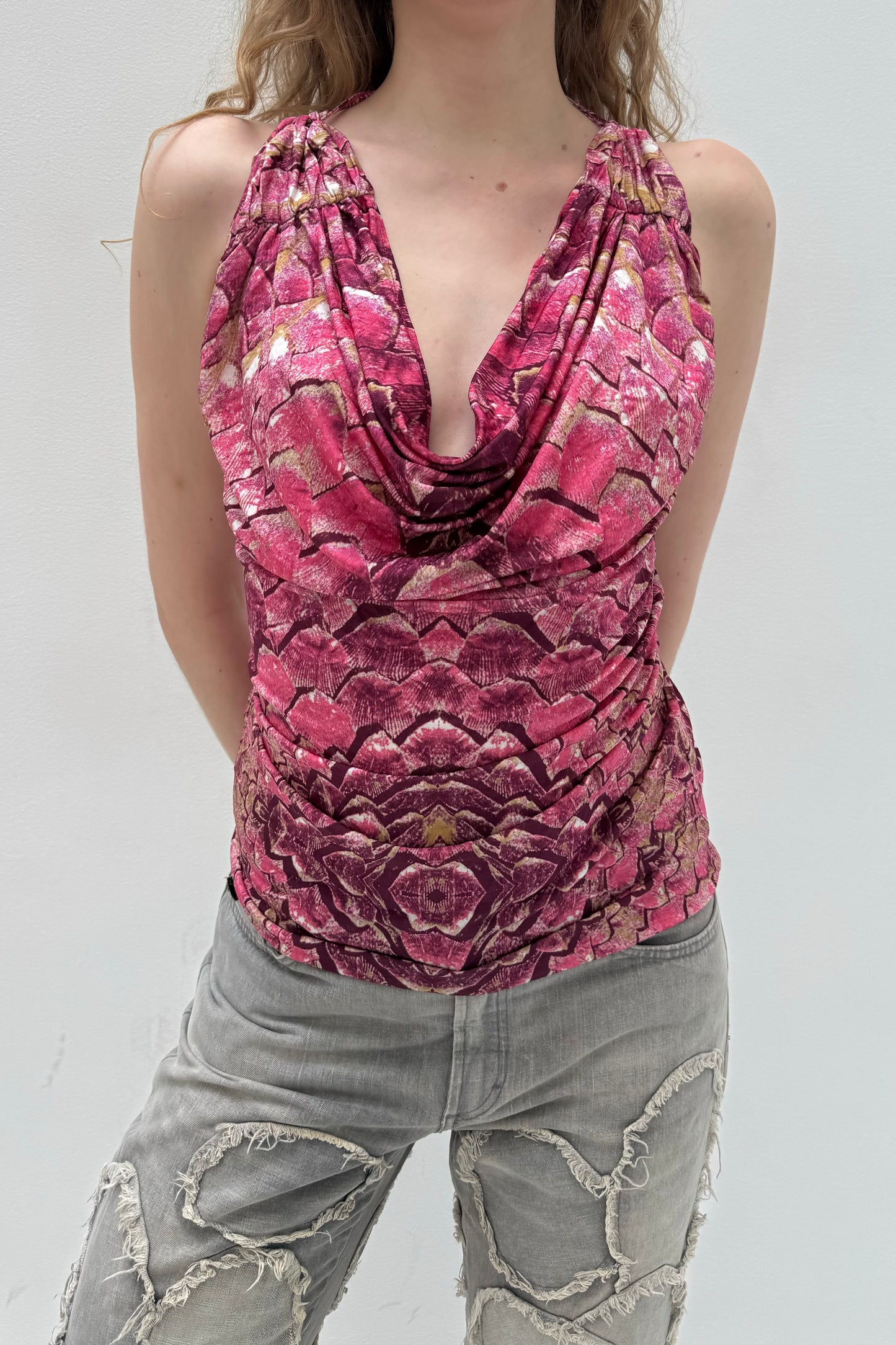 Vintage Pink Flowy Feather Printed Top