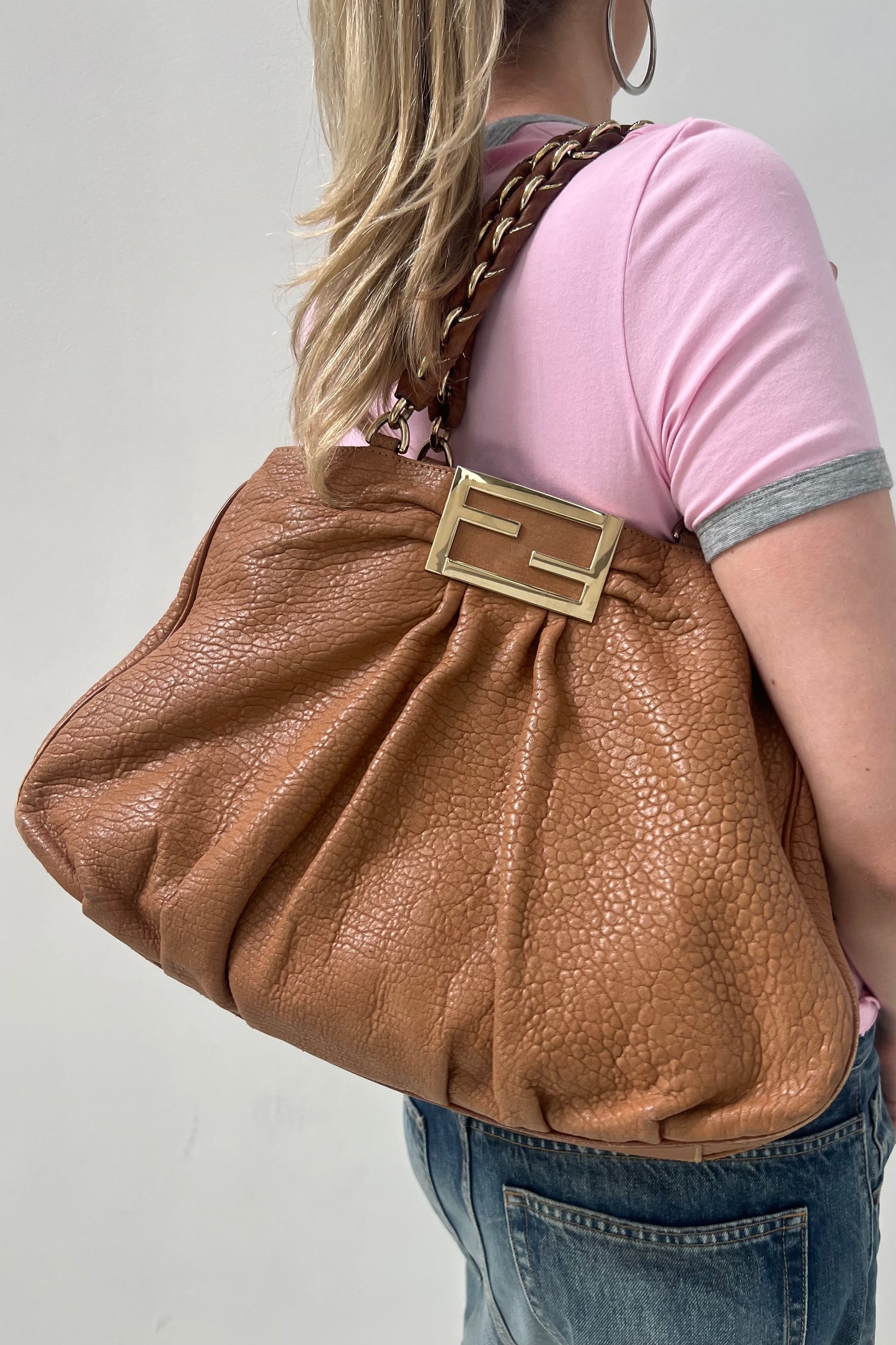 Vintage Camel Leather Chain Handle Big Hobo Bag