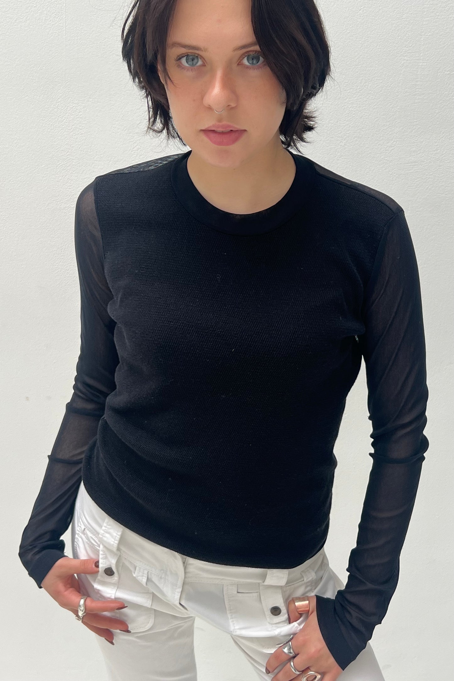 Vintage Black Simple Mesh Longsleeve
