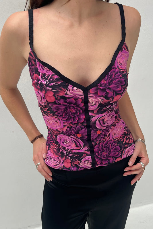 Vintage Fuschia Floral & Black Details Cami Top
