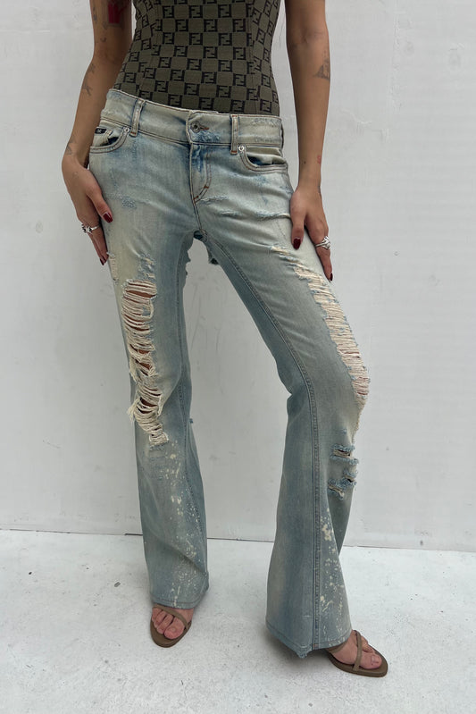 Vintage Distressed Denim Flare Pants