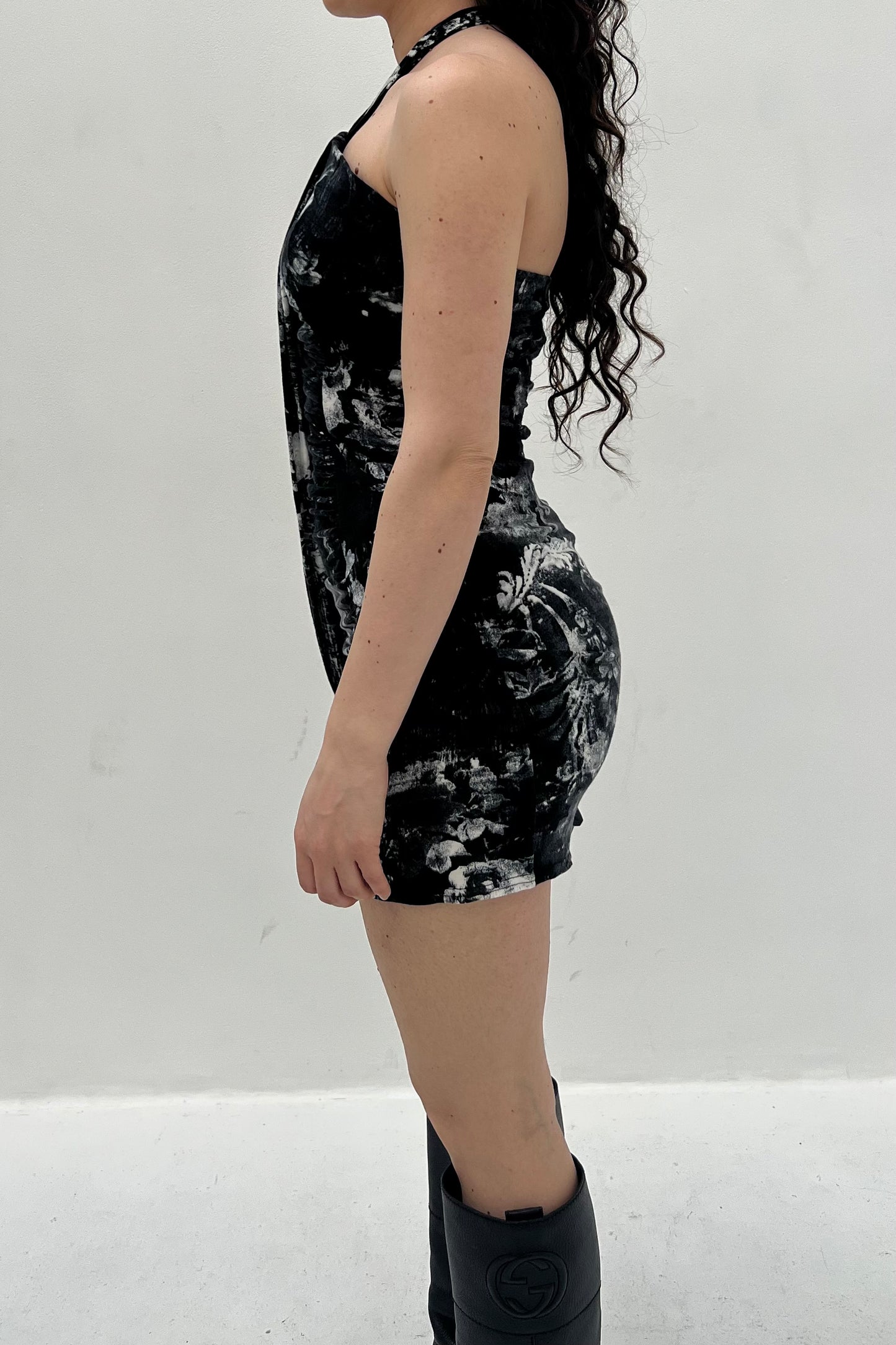 Vintage Black & White Printed Balloon Halter Dress