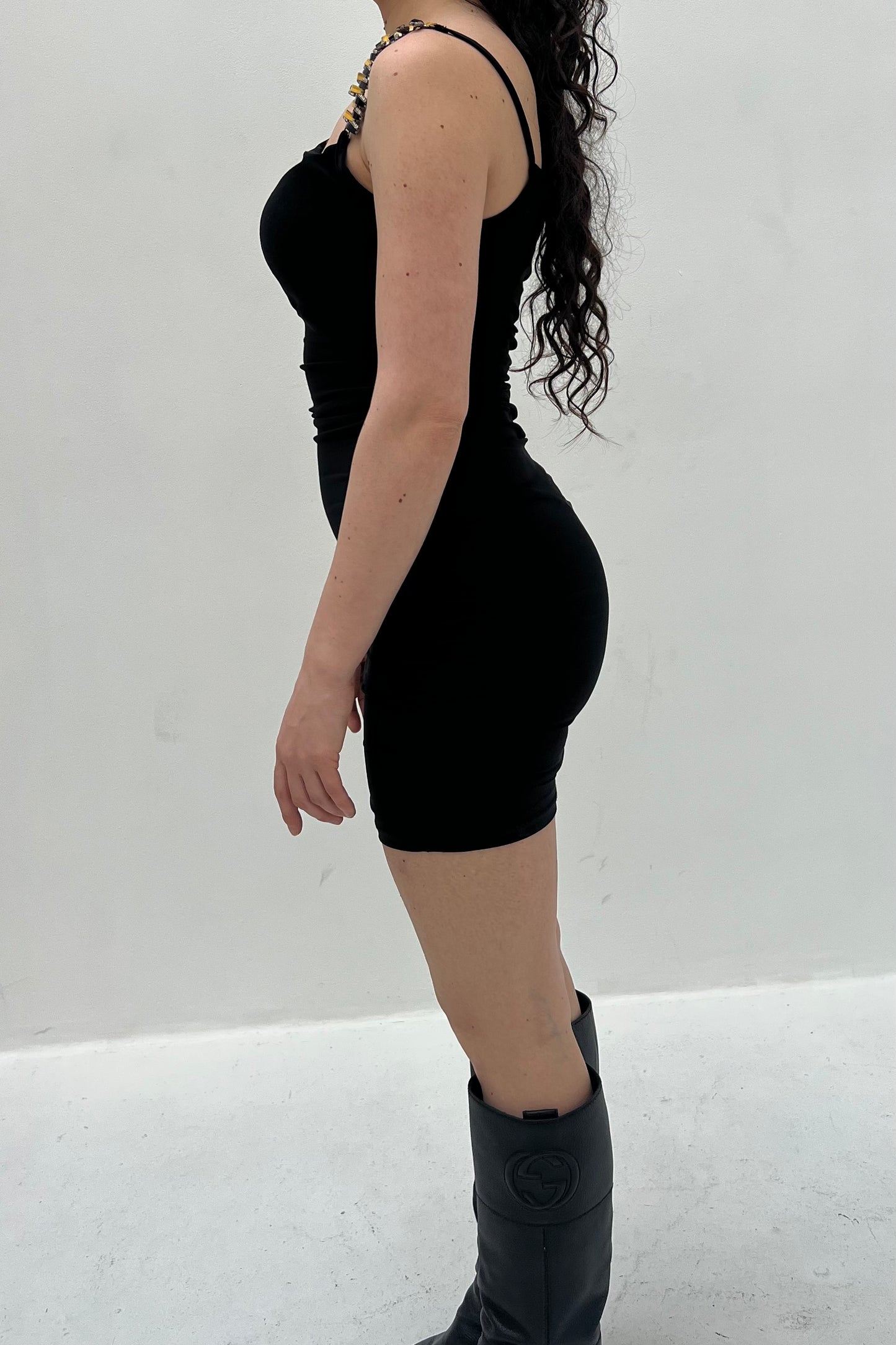 Vintage Black One Shoulder Golden Detailed Dress