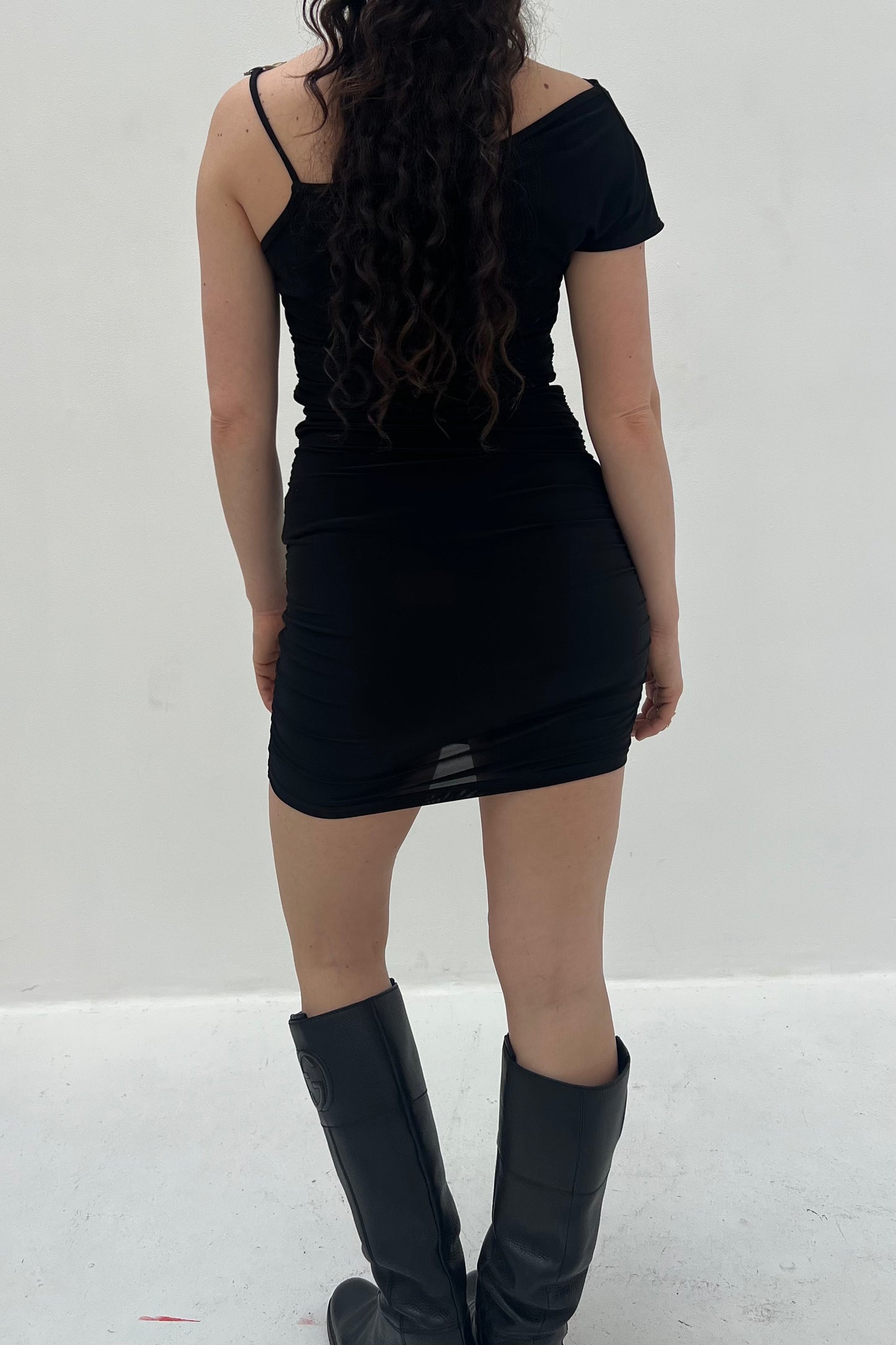 Vintage Black One Shoulder Golden Detailed Dress