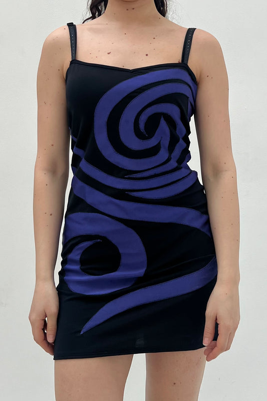 Vintage Black Purple Detailed Mini Dress