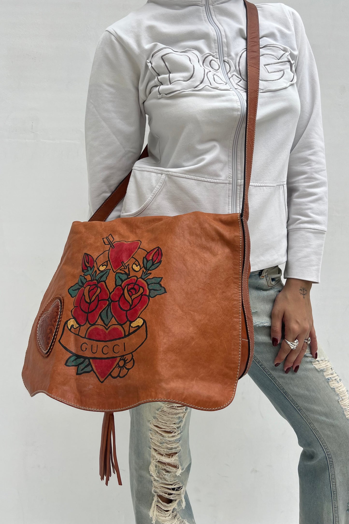 Vintage Leather Tattoo Print Cross Body Bag