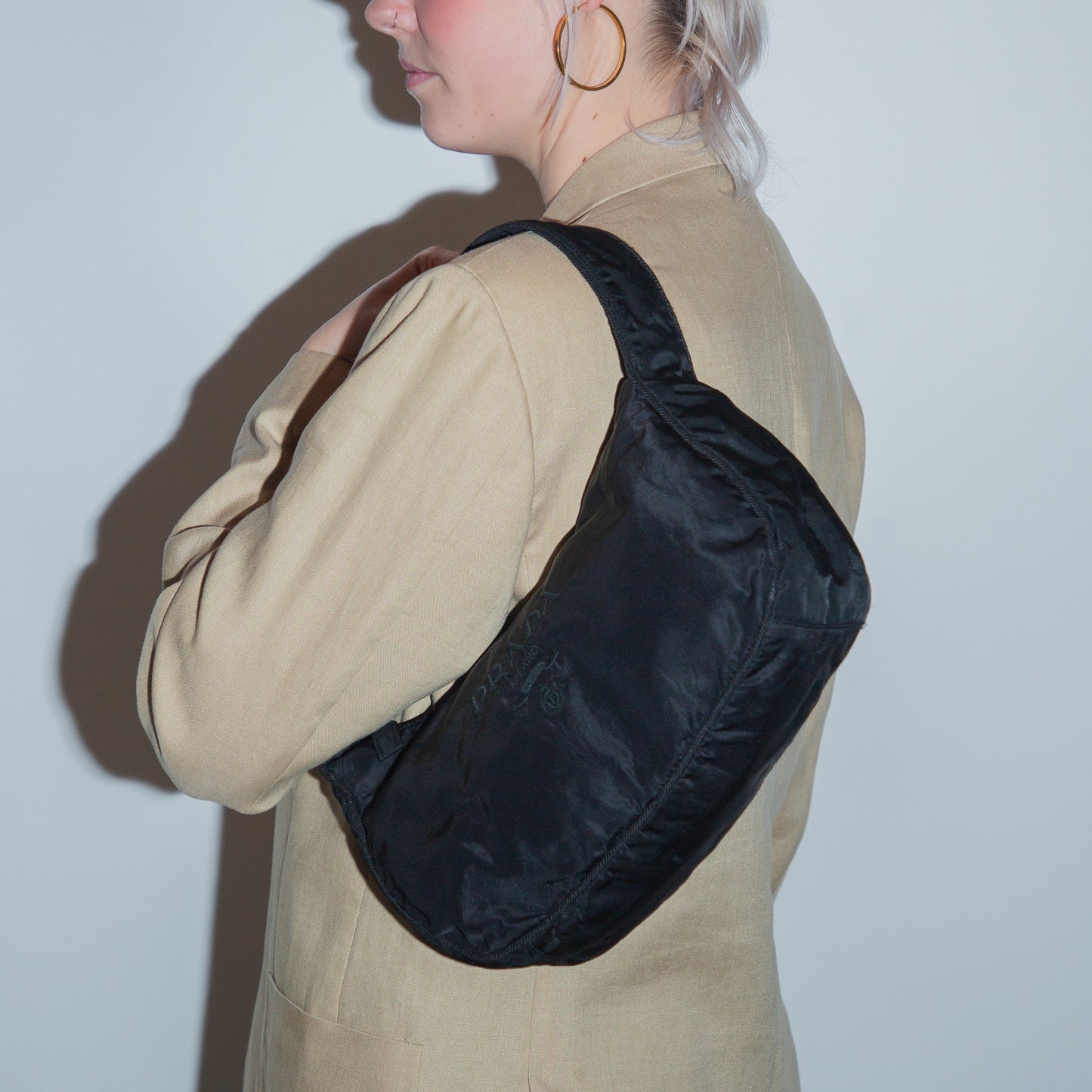 Vintage Prada Black Tessuto Embroidered Logo Shoulder Bag